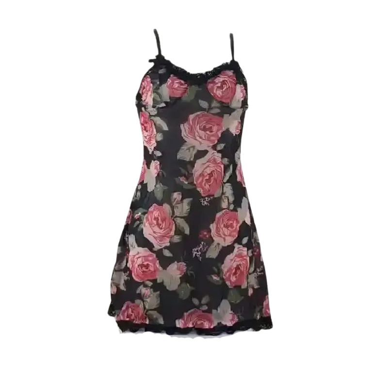 Czarna siateczkowa koszula nocna w kwiaty