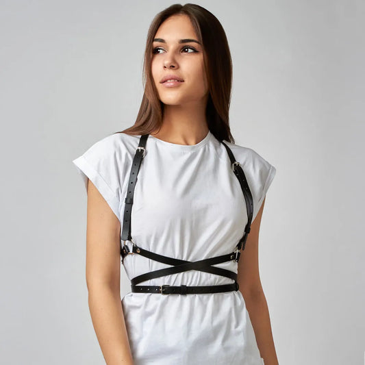 Skórzany harness na klatkę piersiową - Czarny / Uniwersalny