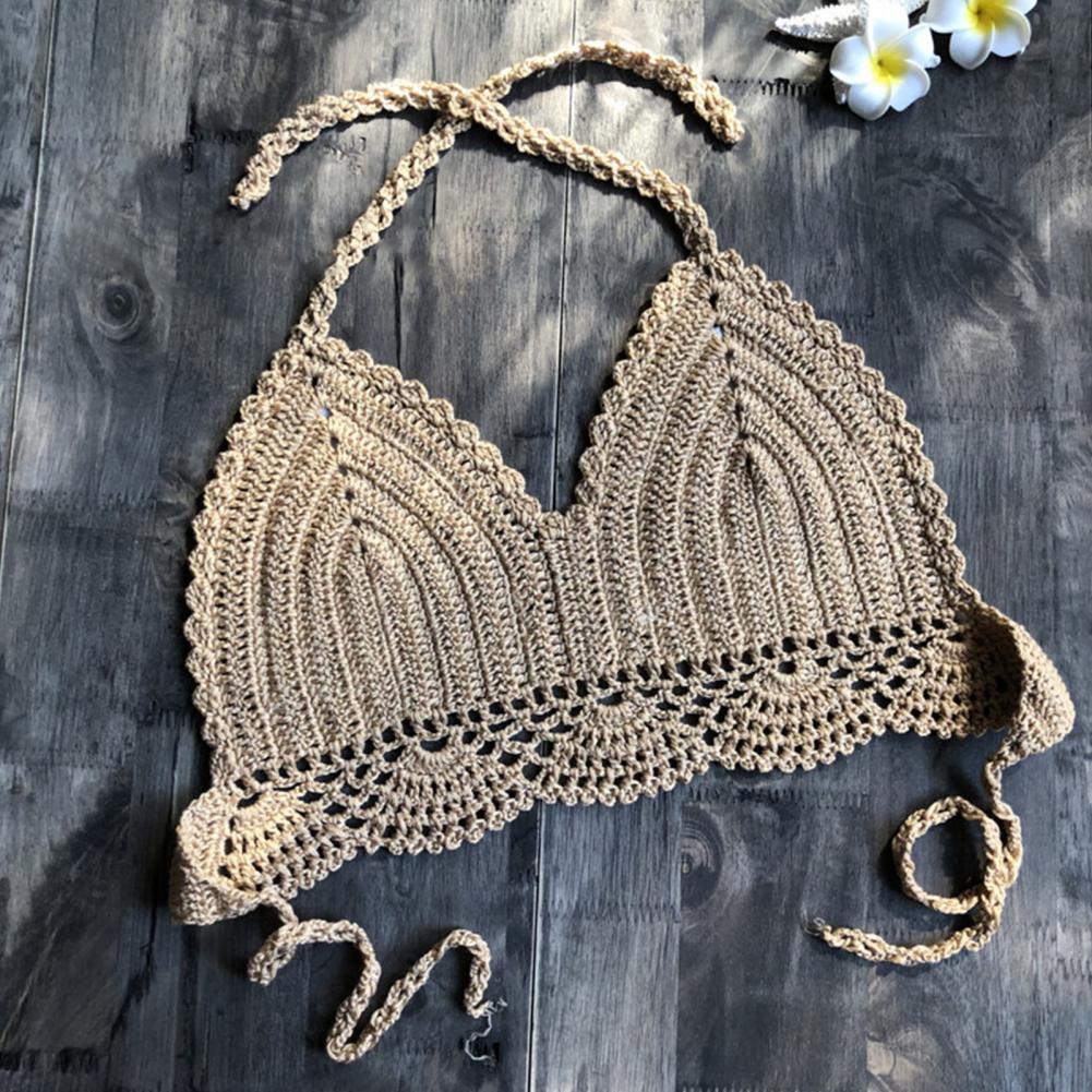 Beżowy Biustonosz kąpielowy szydełkowy z obniżonym dołem