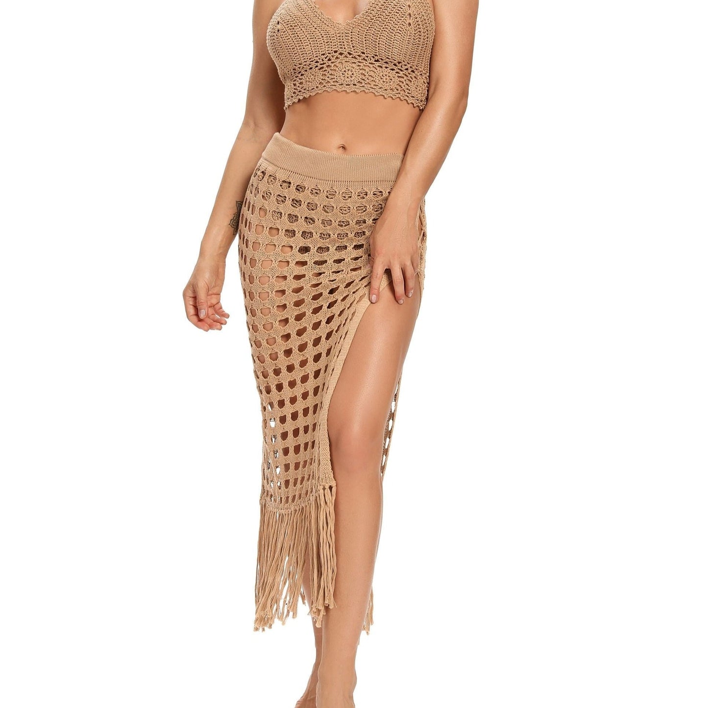 Beżowy Klasyczne pareo szydełkowe w jednolitym kolorze