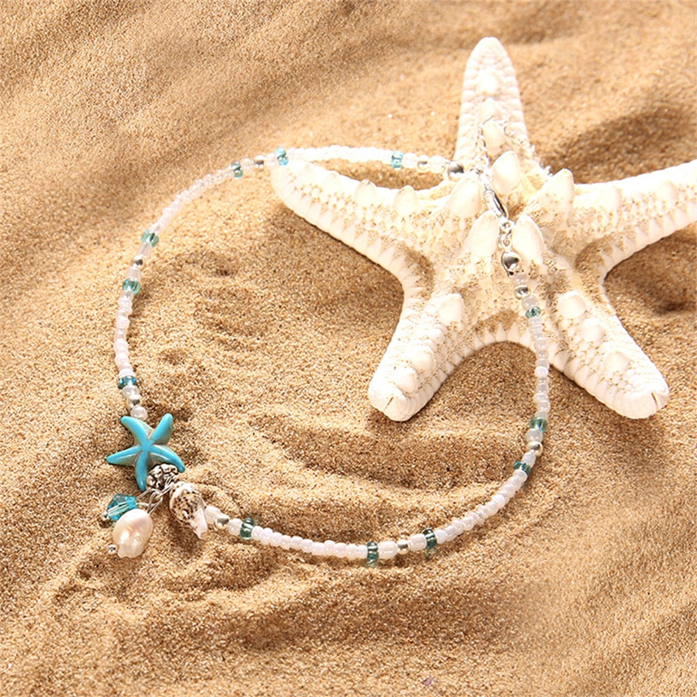 Biały Bransoletka na kostkę z muszelką i rozgwiazdą