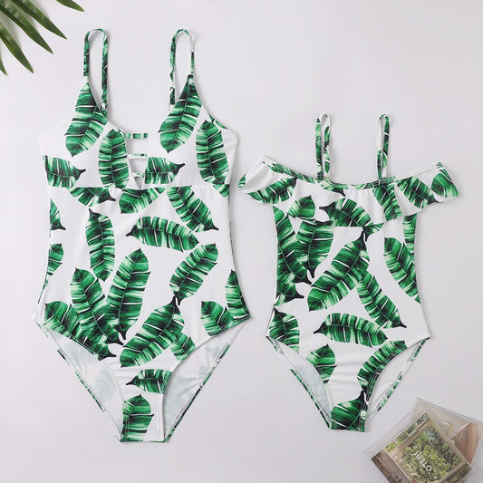 Biały komplet kąpielowy dla matki i córki w zielone liście - Zielony / 104cm