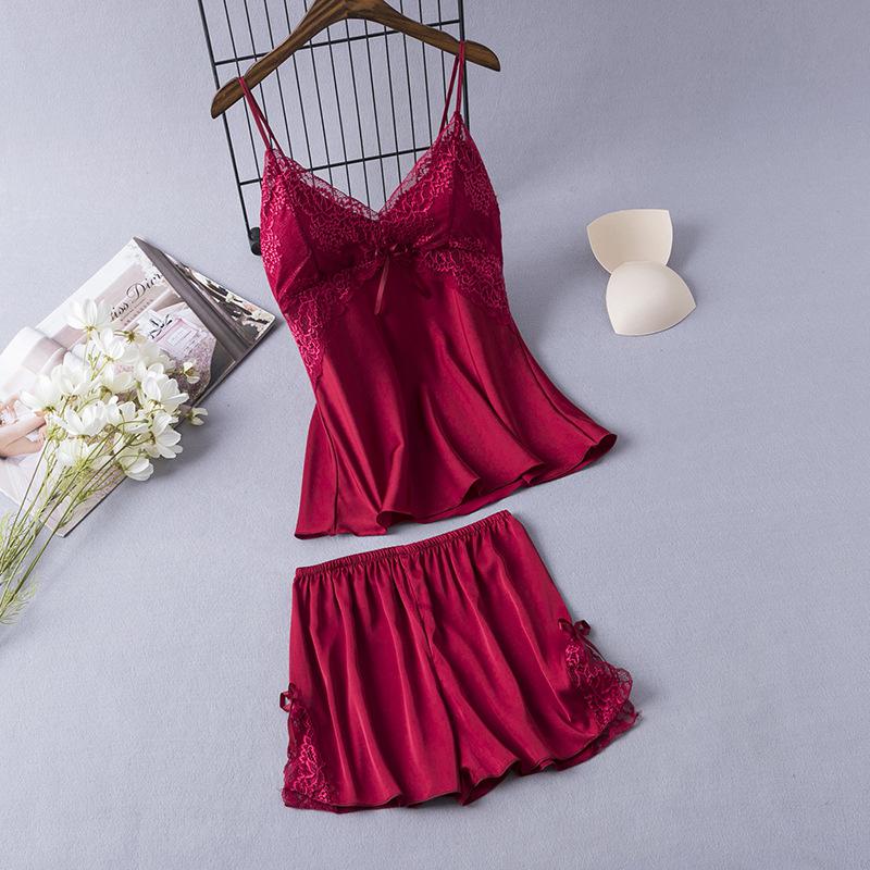 Bordowy Satynowa piżama damska z koronką i kokardkami