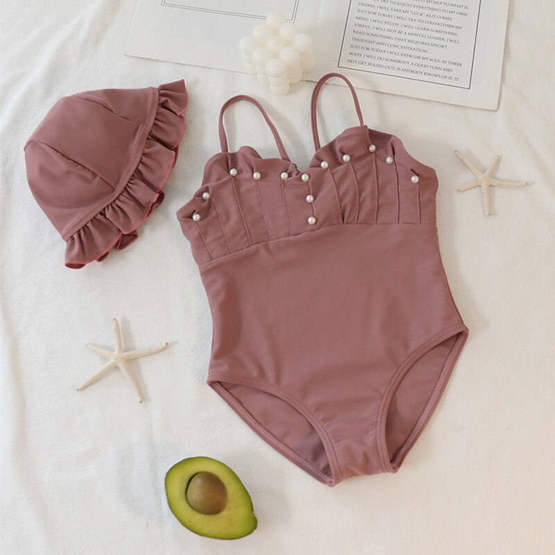 Brązowy Jednoczęściowy strój kąpielowy z perłami i kapeluszem dla dziewczynki