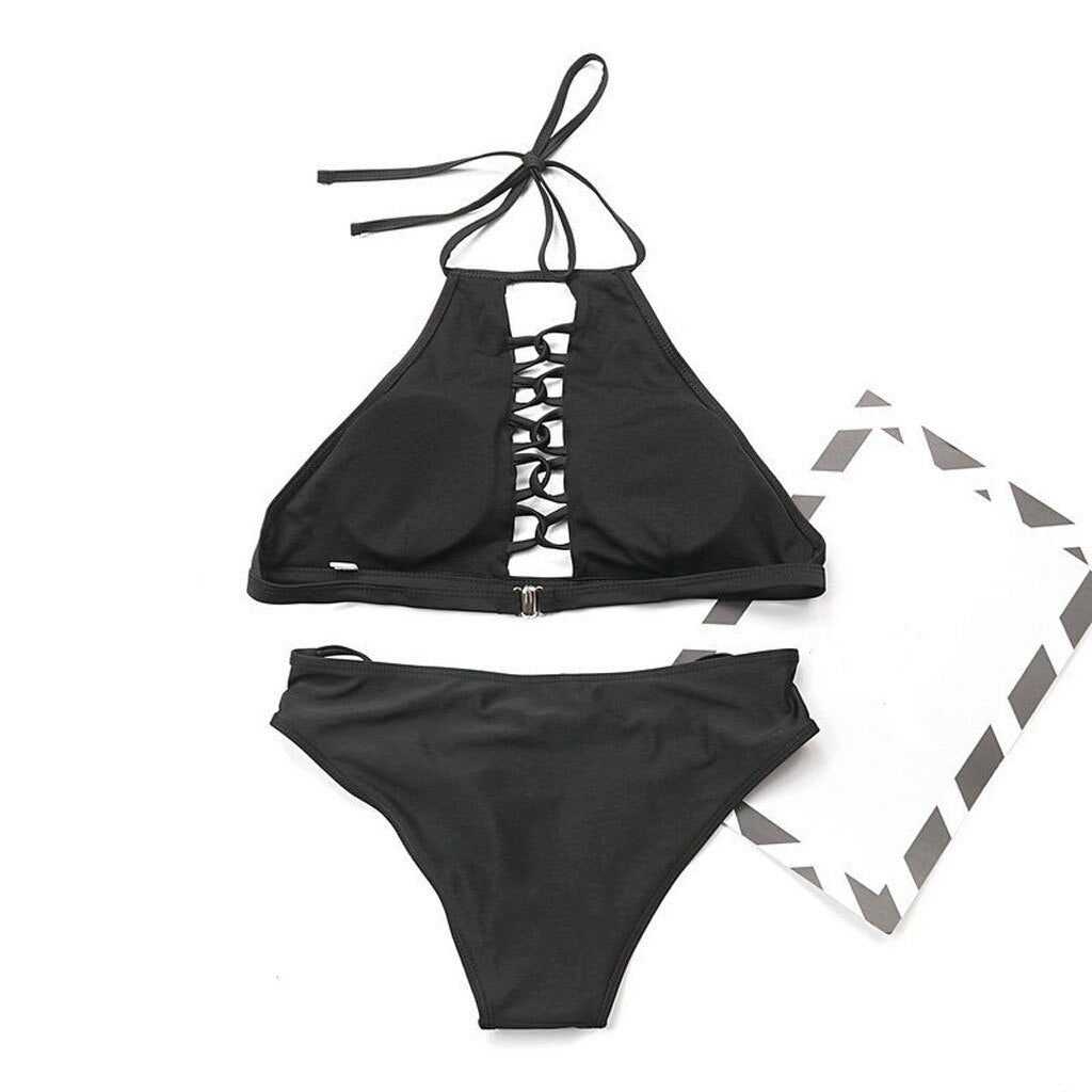Czarny dwuczęściowy strój kąpielowy bikini z dekoltem halter