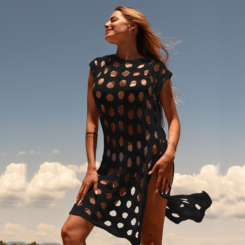 Czarny Przewiewna narzutka na plażę z dziurkami