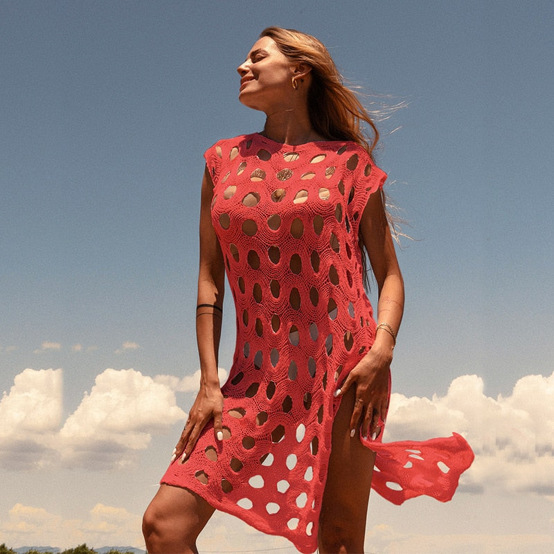 Czerwony Przewiewna narzutka na plażę z dziurkami