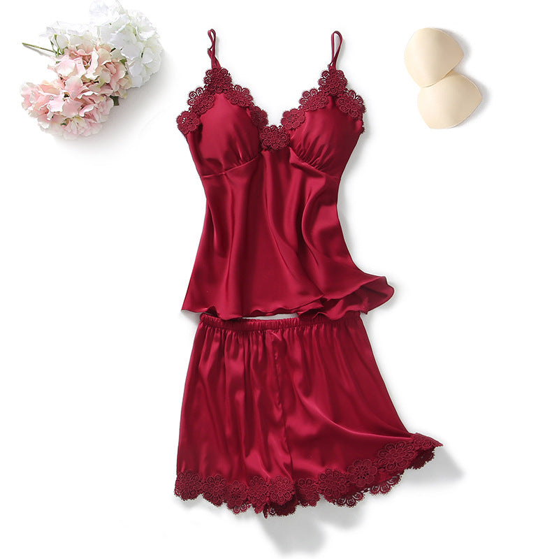 Czerwony Satynowa piżama damska na ramiączkach z koronką