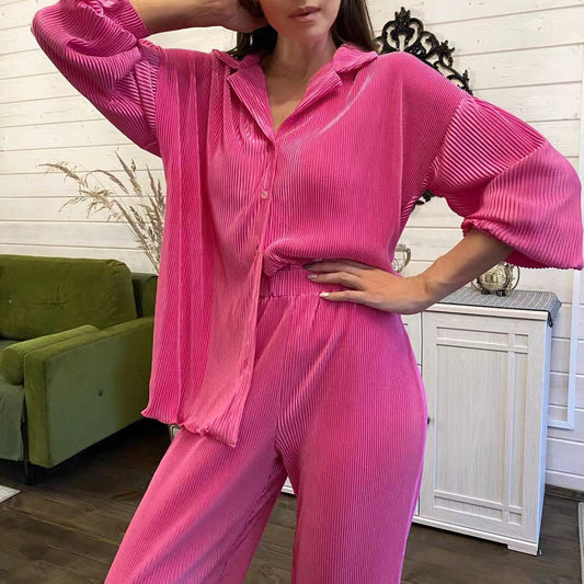 Długa plisowana piżama damska z koszulą - Różowy / S