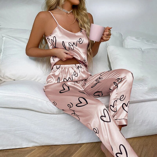 Długa satynowa piżama damska z topem na ramiączkach - Różowy / S