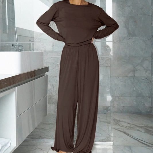 Długi brązowy komplet odzieży domowej z szerokimi nogawkami - Ciemnobrązowy / S
