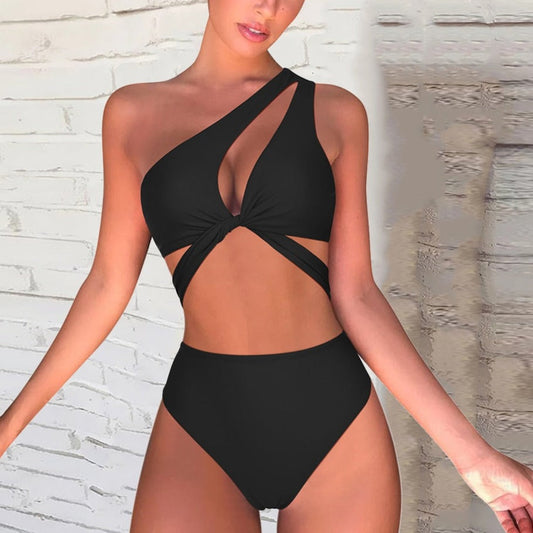 Dwuczęściowy gładki strój kąpielowy bikini na jedno ramię - Czarny / S