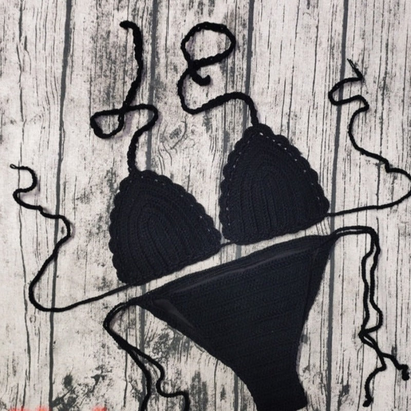 Dwuczęściowy jednolity strój kąpielowy bikini szydełkowy - Czarny / S