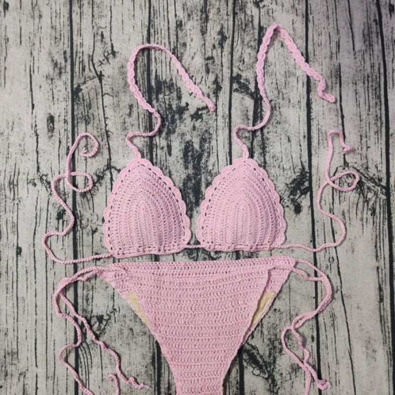 Dwuczęściowy jednolity strój kąpielowy bikini szydełkowy - Różowy / S