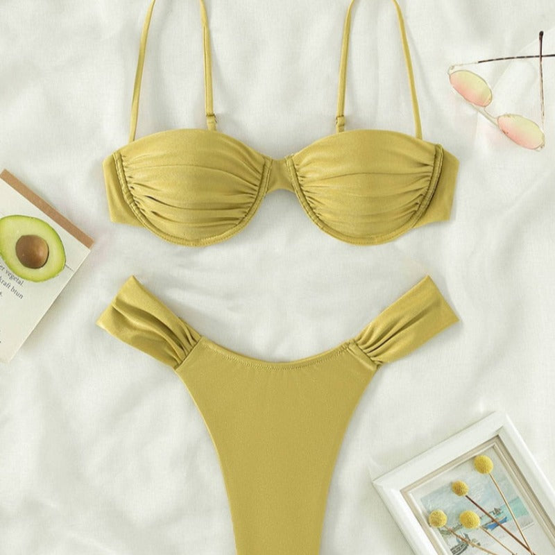 Dwuczęściowy strój kąpielowy bikini marszczony w jednolitym kolorze