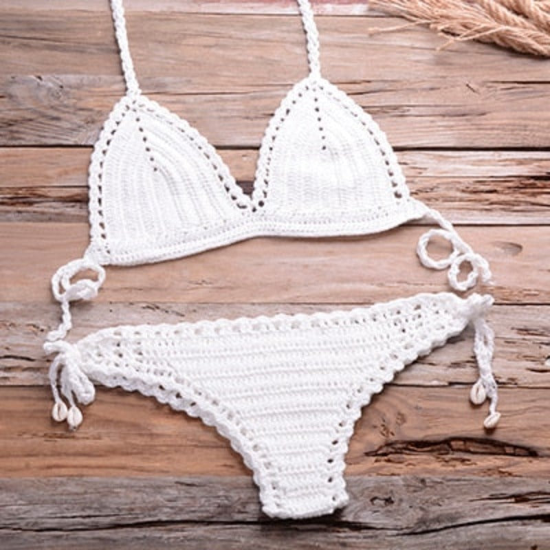 Dwuczęściowy strój kąpielowy bikini o szydełkowanej teksturze - Biały / S