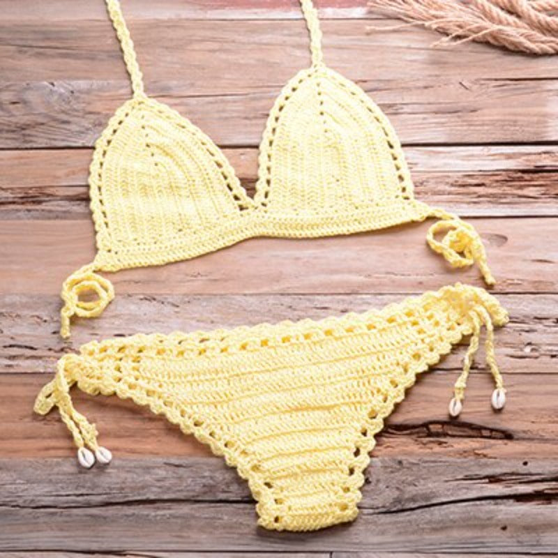 Dwuczęściowy strój kąpielowy bikini o szydełkowanej teksturze - Żółty / S