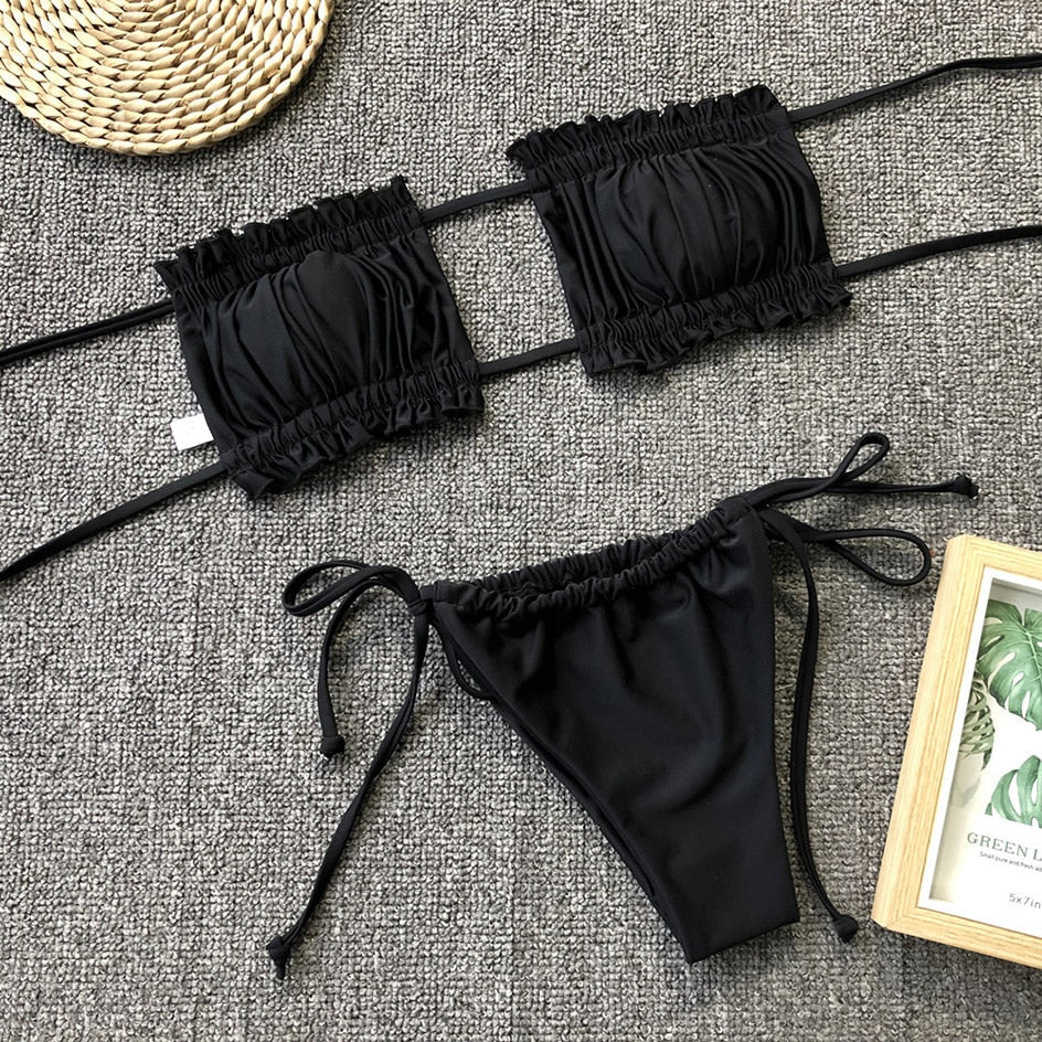 Dwuczęściowy strój kąpielowy bikini typu bandeau z marszczeniami