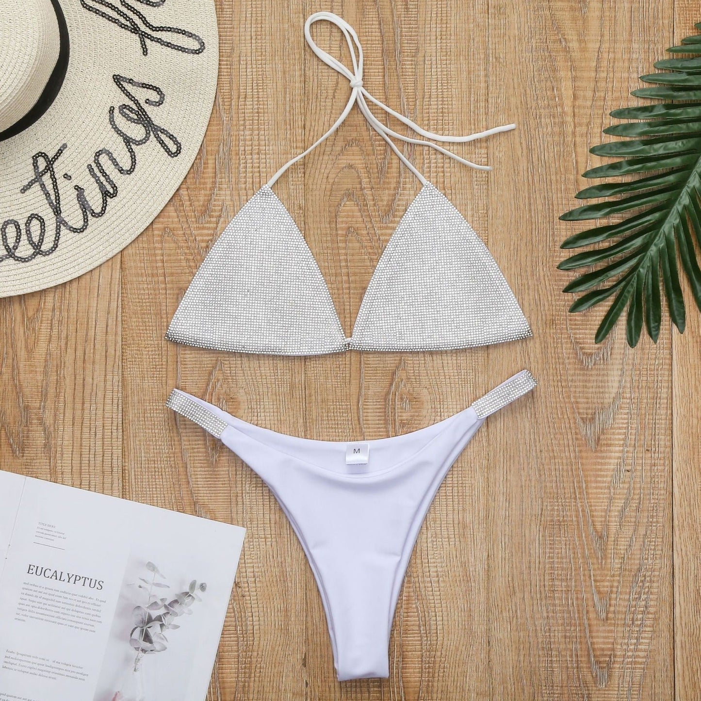 Dwuczęściowy strój kąpielowy bikini z błyszczącymi cyrkoniami