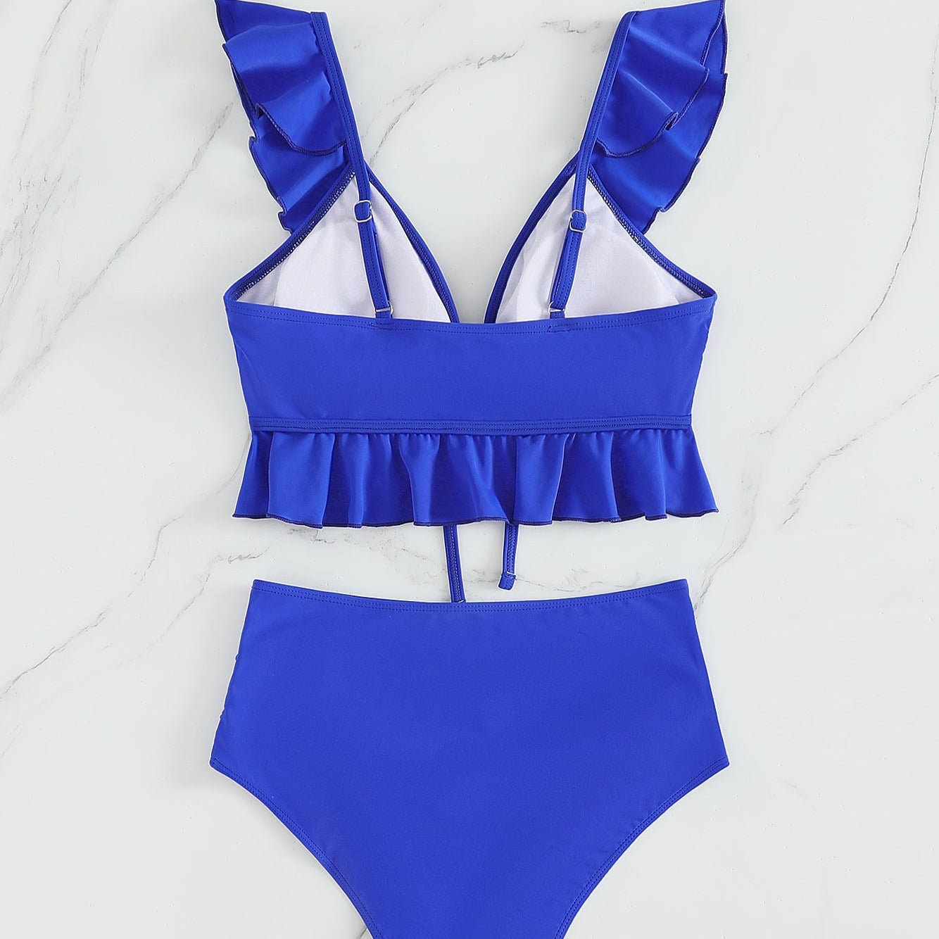 Dwuczęściowy strój kąpielowy bikini z falbankami w jednolitym kolorze