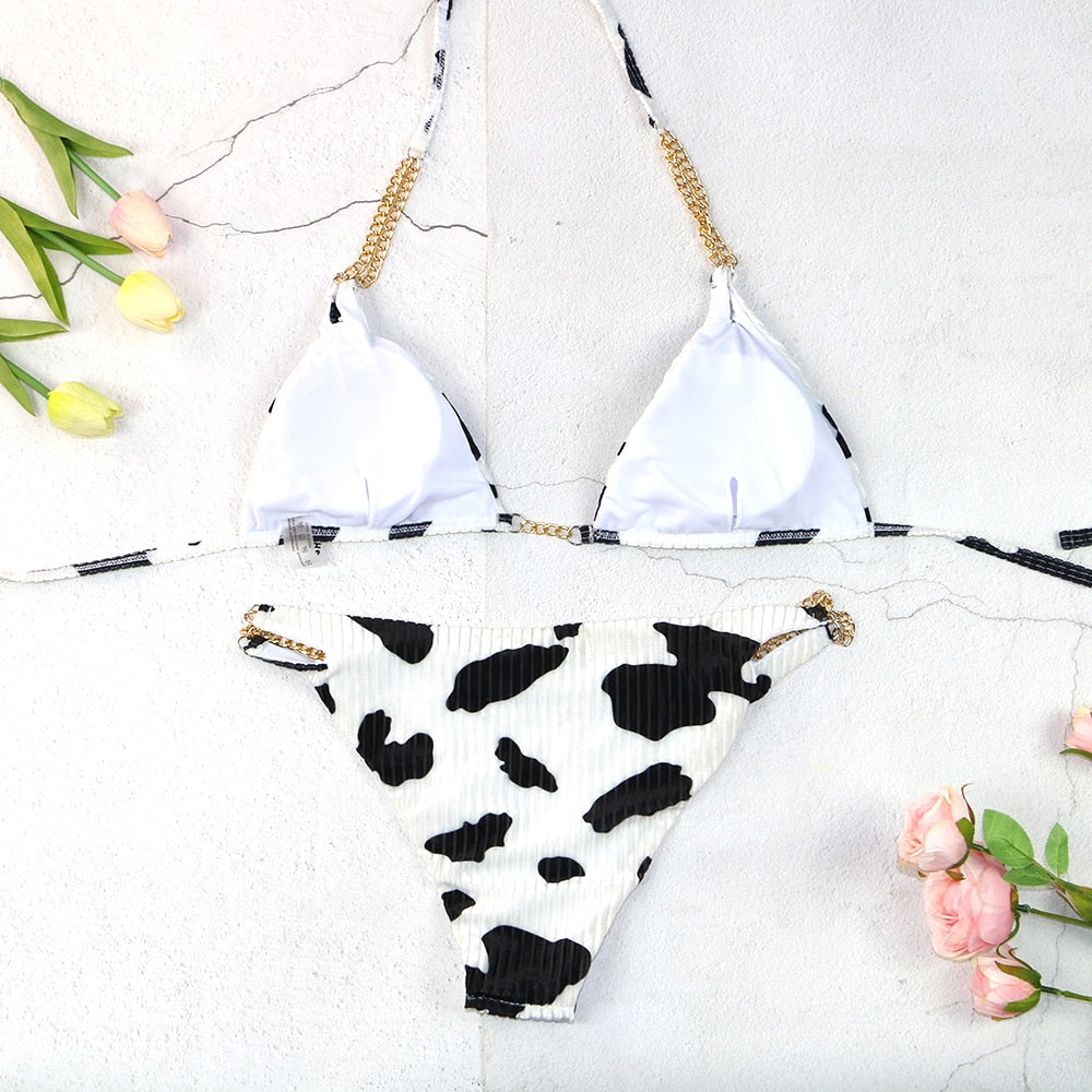 Dwuczęściowy strój kąpielowy bikini z łańcuszkami w łaty