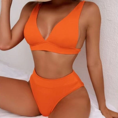 Dwuczęściowy strój kąpielowy bikini z wysokim stanem i dekoltem V - Pomarańczowy / S