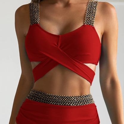 Dwuczęściowy strój kąpielowy bikini z wysokim stanem i wiązaniem - Czerwony / S