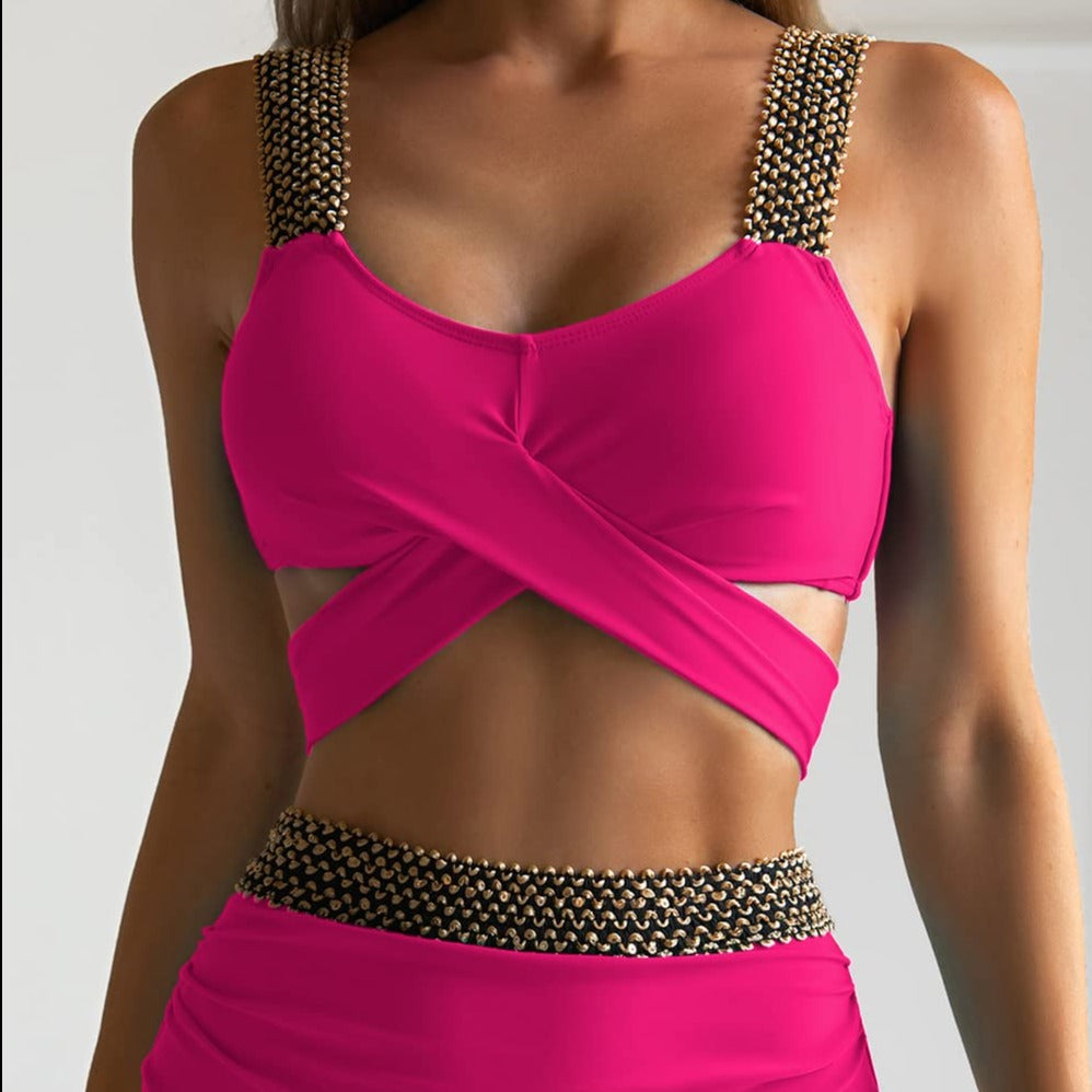 Dwuczęściowy strój kąpielowy bikini z wysokim stanem i wiązaniem - Różowy / S
