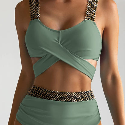 Dwuczęściowy strój kąpielowy bikini z wysokim stanem i wiązaniem - Zielony / S