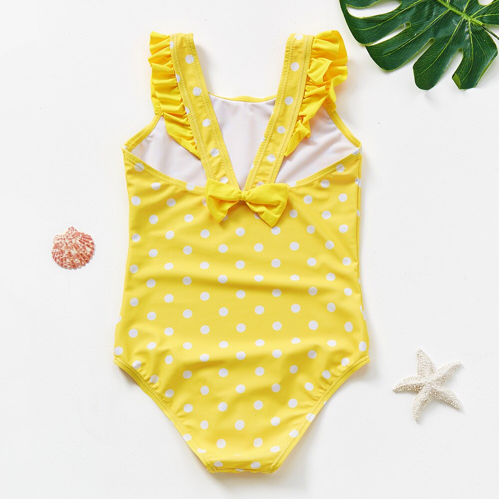 Jednoczęściowy strój kąpielowy w groszki dla dziewczynki - Żółty / 110cm
