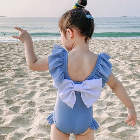Jednoczęściowy strój kąpielowy z falbankami dla dziewczynki - Niebieski / 80cm