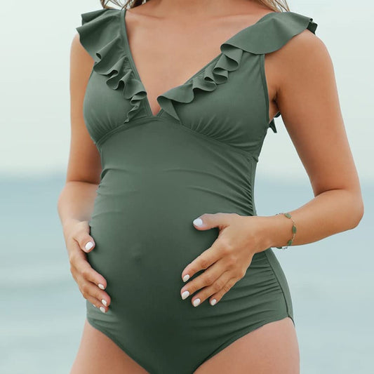 Jednolity strój kąpielowy dla kobiet w ciąży z falbanami - Khaki / S