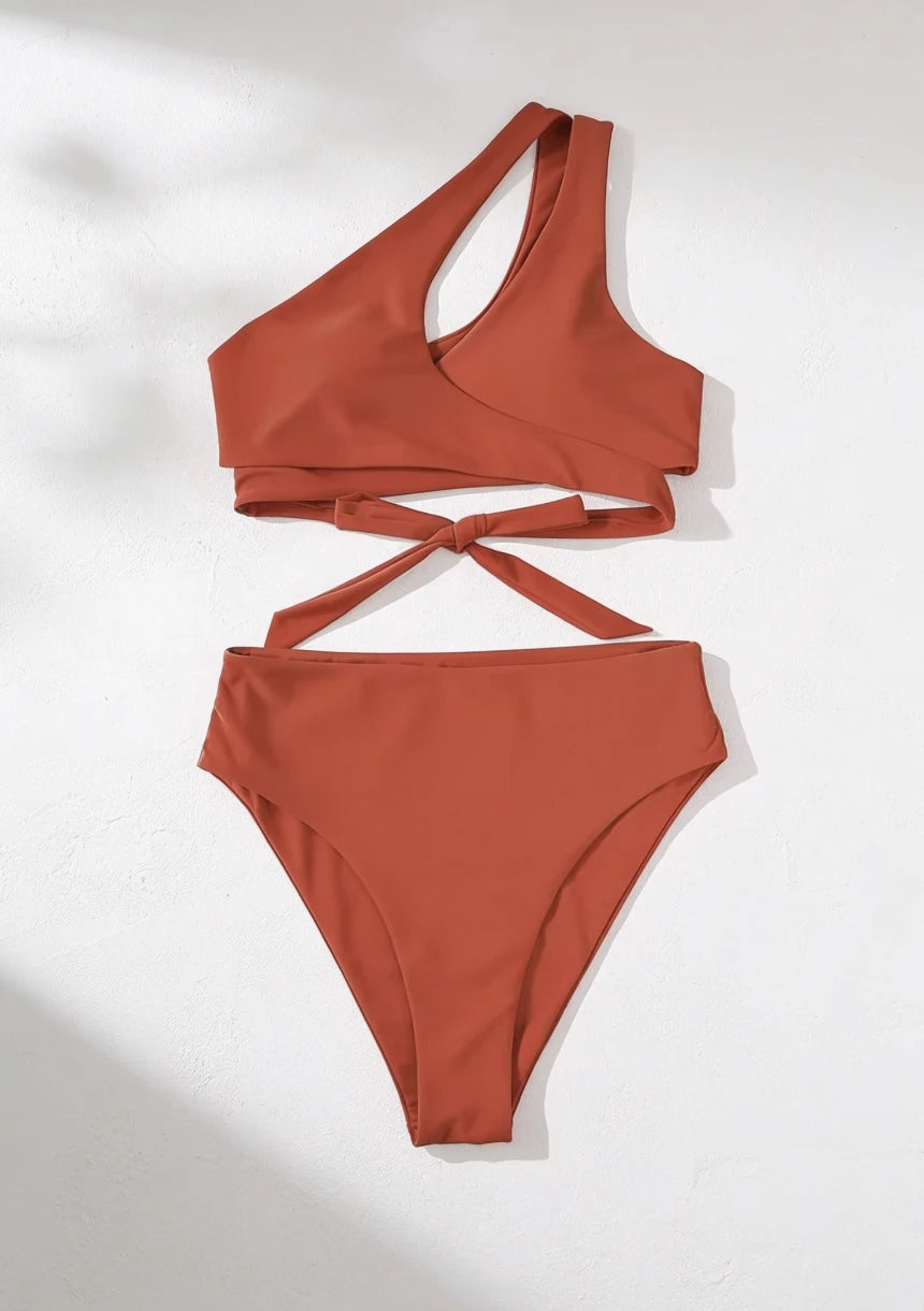 Dwuczęściowy gładki strój kąpielowy bikini na jedno ramię