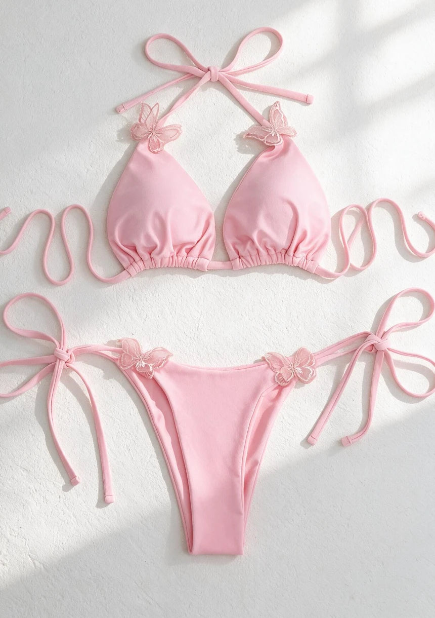 Różowy dwuczęściowy strój kąpielowy bikini z motylkami