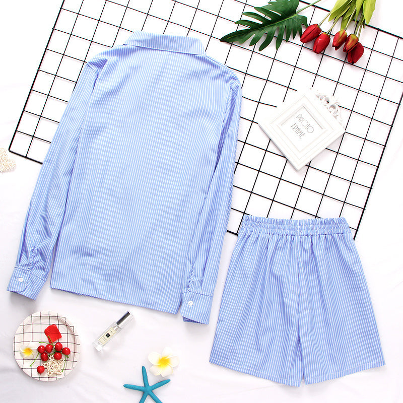 Niebieska piżama damska koszulowa w paski