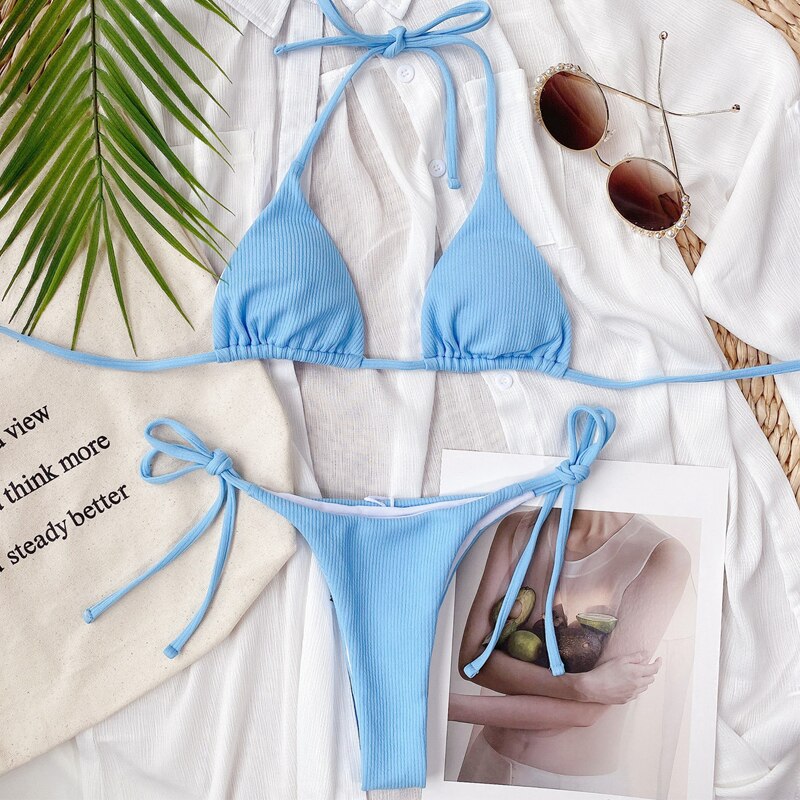 Niebieski Wiązany dwuczęściowy strój kąpielowy mikro bikini