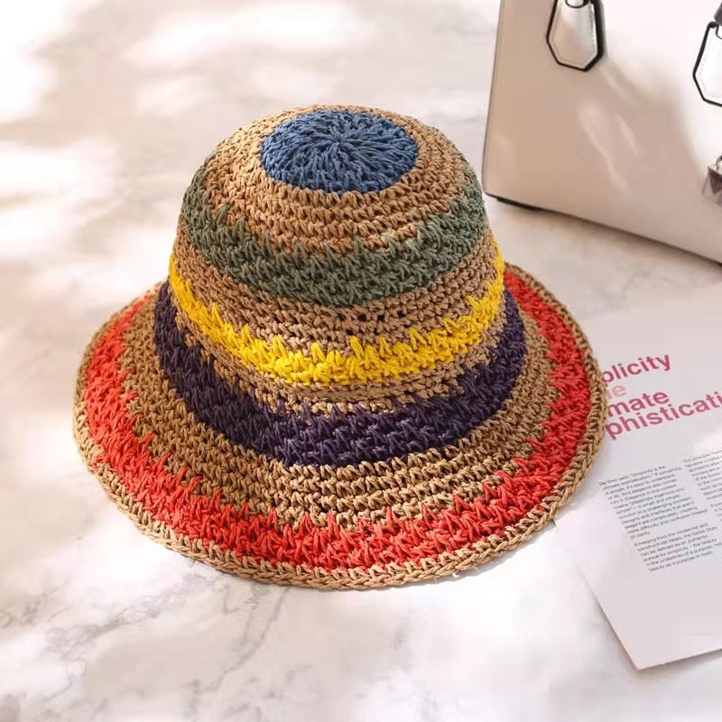 Pleciony kapelusz w kolorowe paski - Beżowy / Uniwersalny