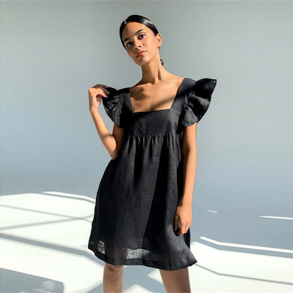 Prosta sukienka letnia mini z motylkowymi rękawami - Czarny / XS