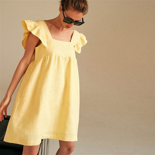 Prosta sukienka letnia mini z motylkowymi rękawami - Żółty / XS