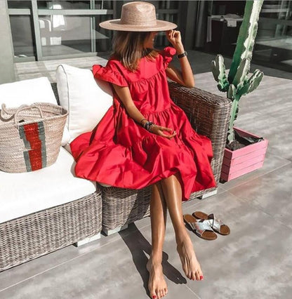 Rozkloszowana sukienka letnia midi - Czerwony / S