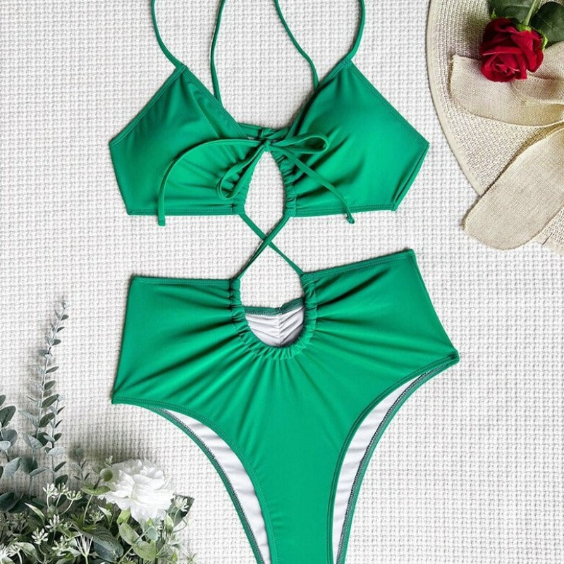 Zielone monokini jednoczęściowy strój kąpielowy z wiązaniem - Zielony / S