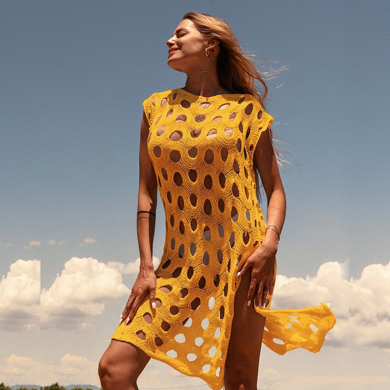 Żółty Przewiewna narzutka na plażę z dziurkami