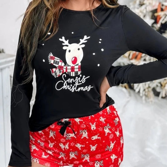 Świąteczna krótka piżama z długim rękawem - Czarny / S
