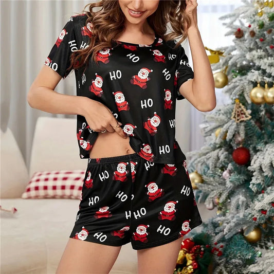Świąteczna krótka piżama z motywem Mikołajów - Czarny / S
