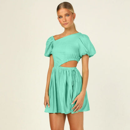 Asymetryczna sukienka letnia mini z bufiastymi rękawami Winslet - Zielony / S