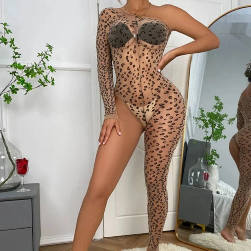 Beżowy Asymetryczne bodystocking z motywem panterki