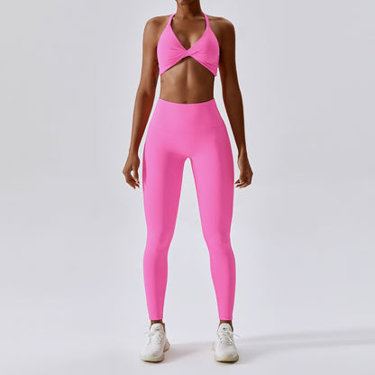 Bezszwowy sportowy komplet top na ramiączkach i legginsy - Różowy / S