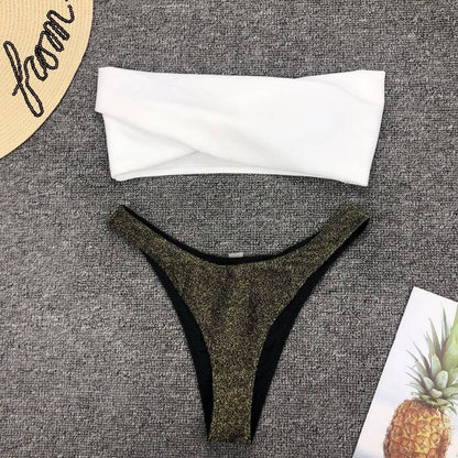  Błyszczący dwuczęściowy strój kąpielowy bikini typu bandeau