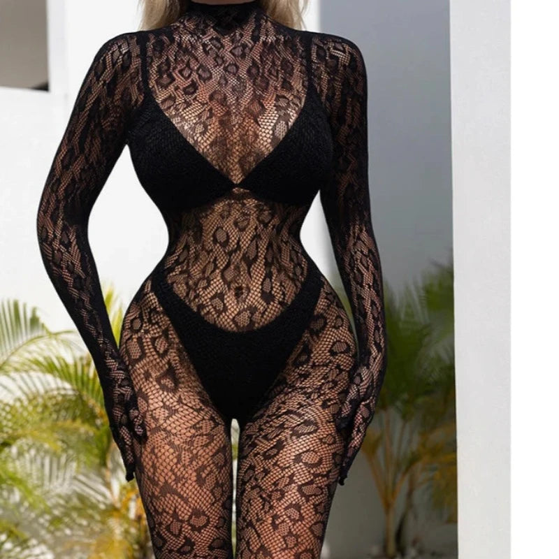 Czarny Bodystocking z motywem panterki i odkrytymi plecami