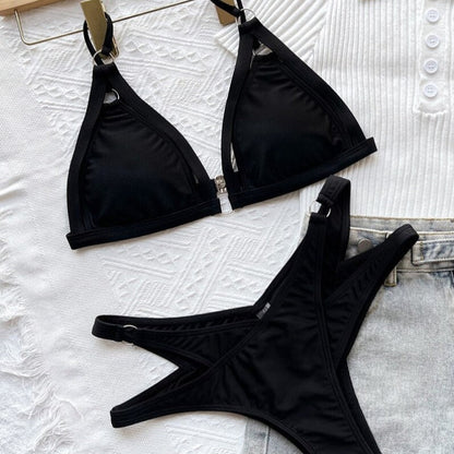 Czarny dwuczęściowy strój kąpielowy bikini z paskami Giselle